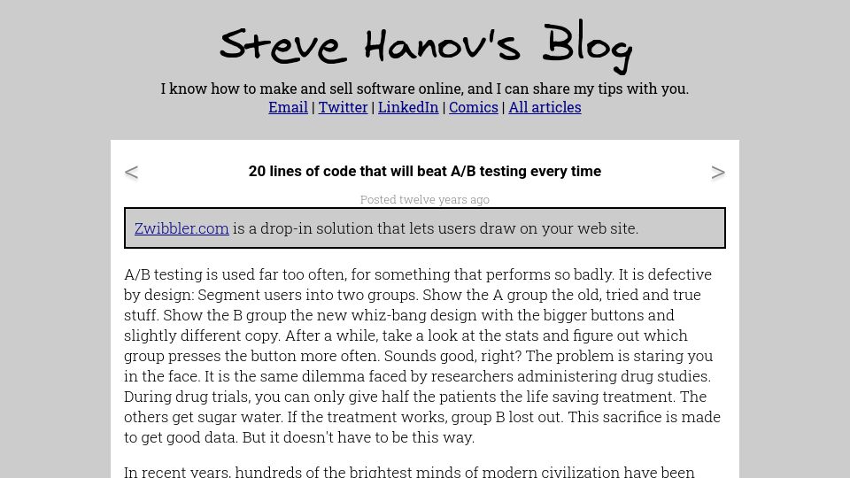 Screenshot of stevehanov.ca: Lines of code that beat A/B testing (2012)