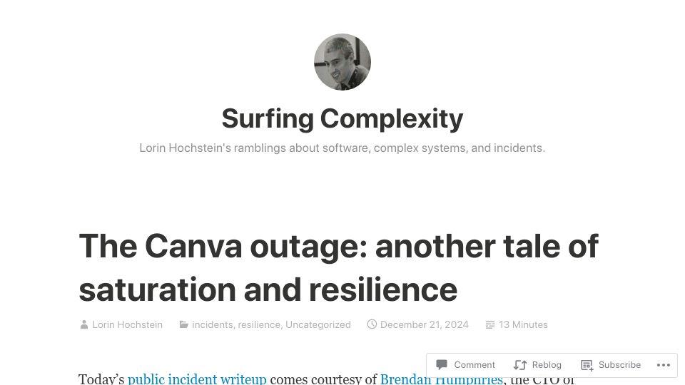 Screenshot of surfingcomplexity.blog: The Canva outage: another tale of saturation and resilience