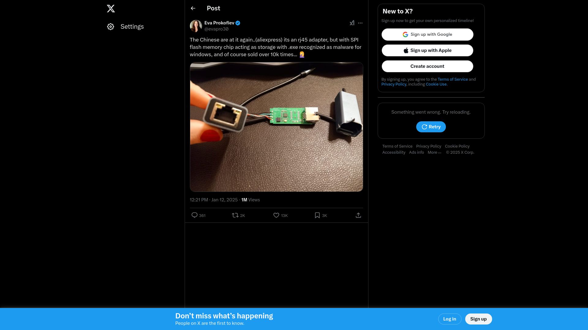 Screenshot of twitter.com: Cheap rj45 ethernet to USB adapter contains malware