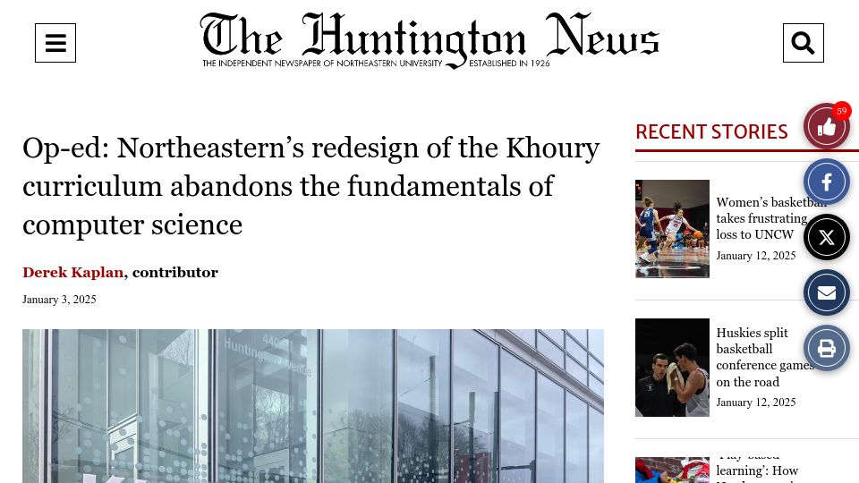 Screenshot of huntnewsnu.com: Northeastern's redesign of the CS curriculum