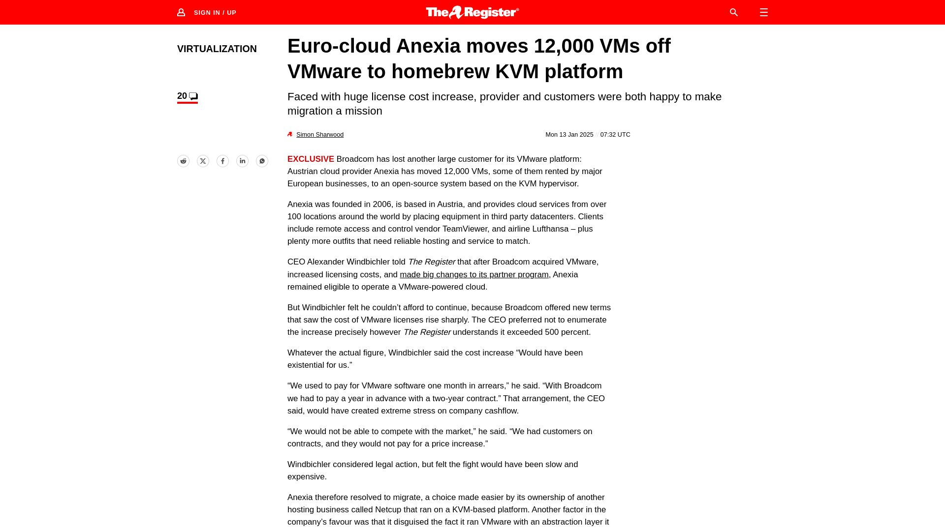 Screenshot of theregister.com: Euro-cloud provider Anexia moves 12,000 VMs off VMware to homebrew KVM platform