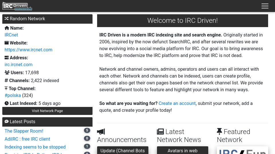 Screenshot of ircdriven.com: IRC Driven – modern IRC indexing site and search engine
