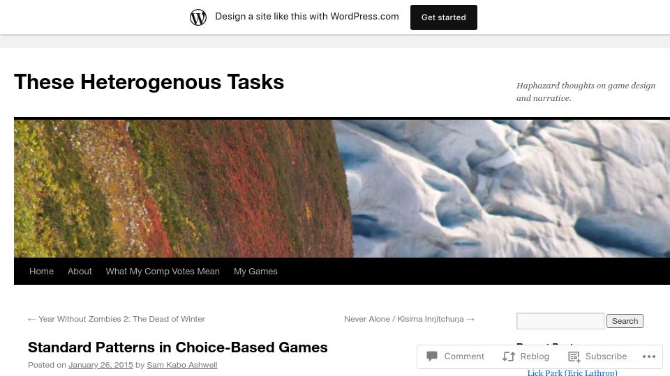 Screenshot of heterogenoustasks.wordpress.com: Standard patterns in choice-based games (2015)