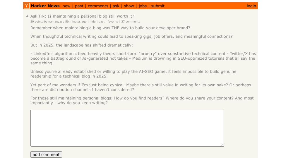 Screenshot of Hacker News post: Ask HN: Is maintaining a personal blog still worth it?