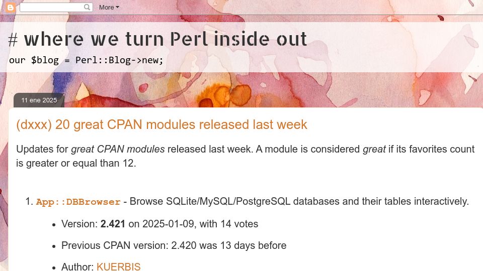 Screenshot of niceperl.blogspot.com: Great CPAN modules released last week