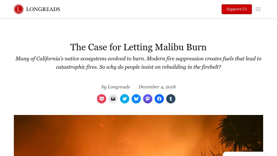 Screenshot of longreads.com: The case for letting Malibu burn (1995)