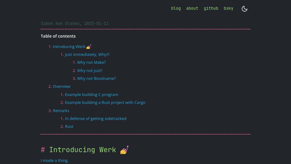 Screenshot of simonask.github.io: Show HN: Werk, a simple build tool and command runner