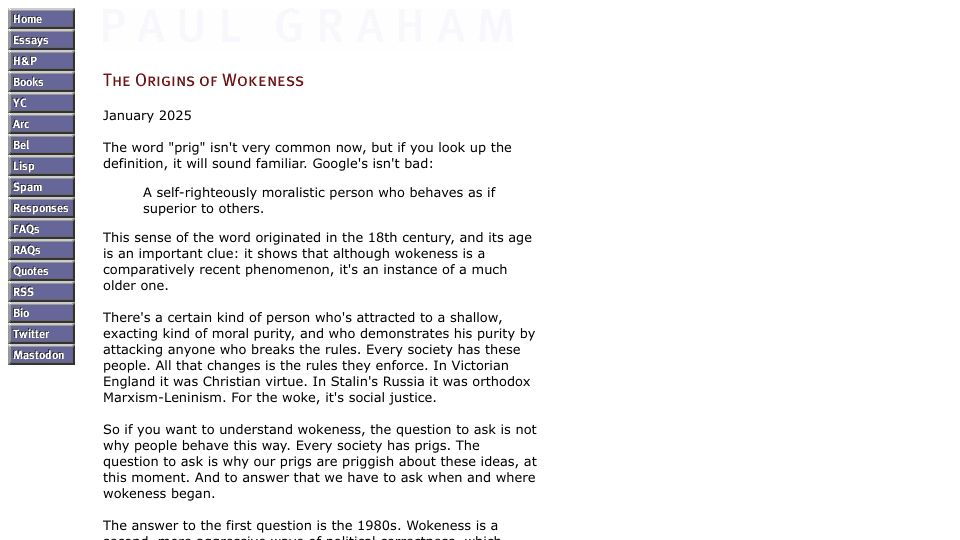 Screenshot of paulgraham.com: The Origins of Wokeness