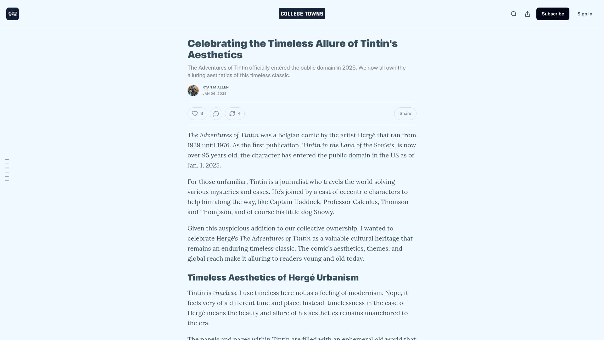 Screenshot of collegetowns.substack.com: Celebrating the Timeless Allure of Tintin's Aesthetics