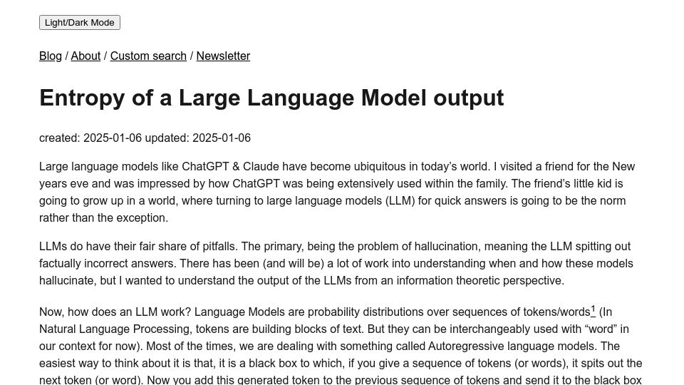 Screenshot of nikkin.dev: Entropy of a Large Language Model output