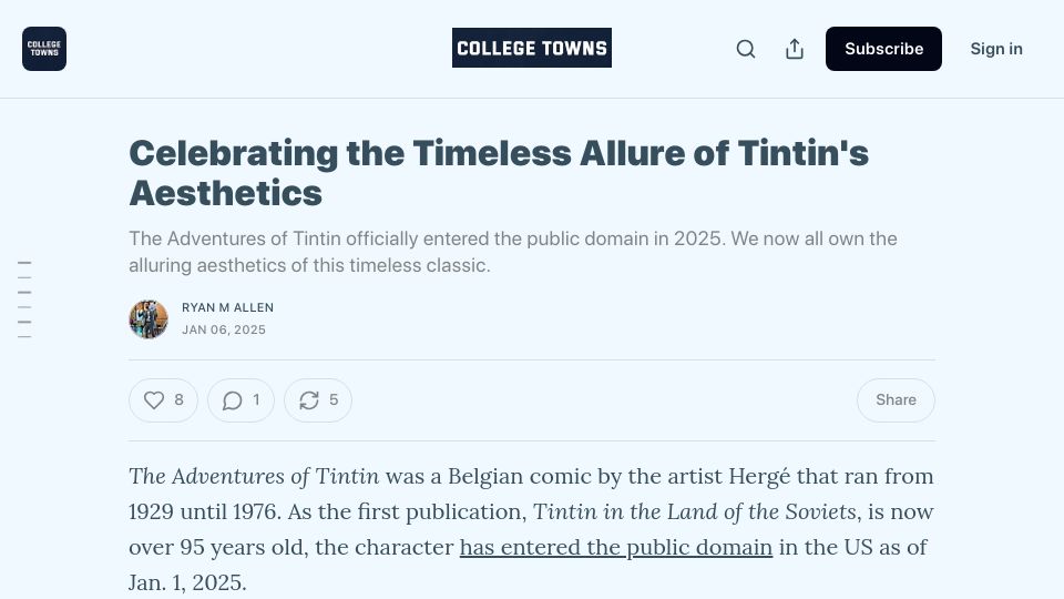 Screenshot of collegetowns.substack.com: Celebrating the Timeless Allure of Tintin's Aesthetics