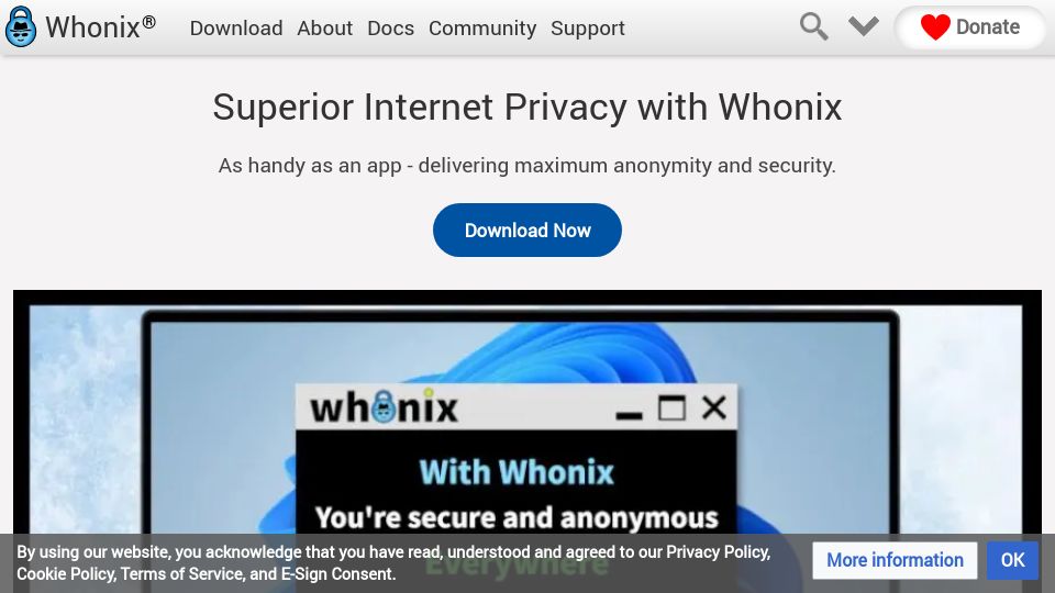 Screenshot of whonix.org: Superior Internet Privacy with Whonix