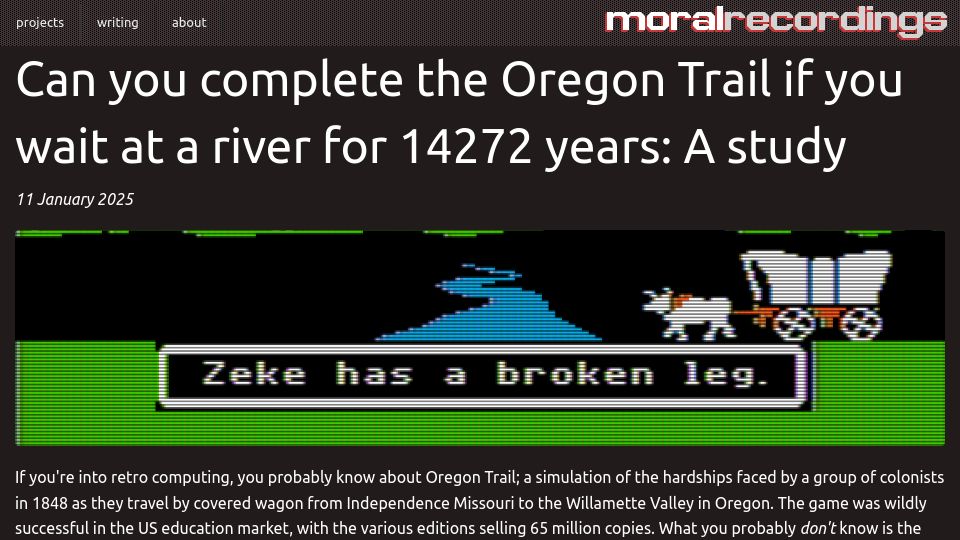 Screenshot of moral.net.au: Can you complete the Oregon Trail if you wait at a river for 14272 years?