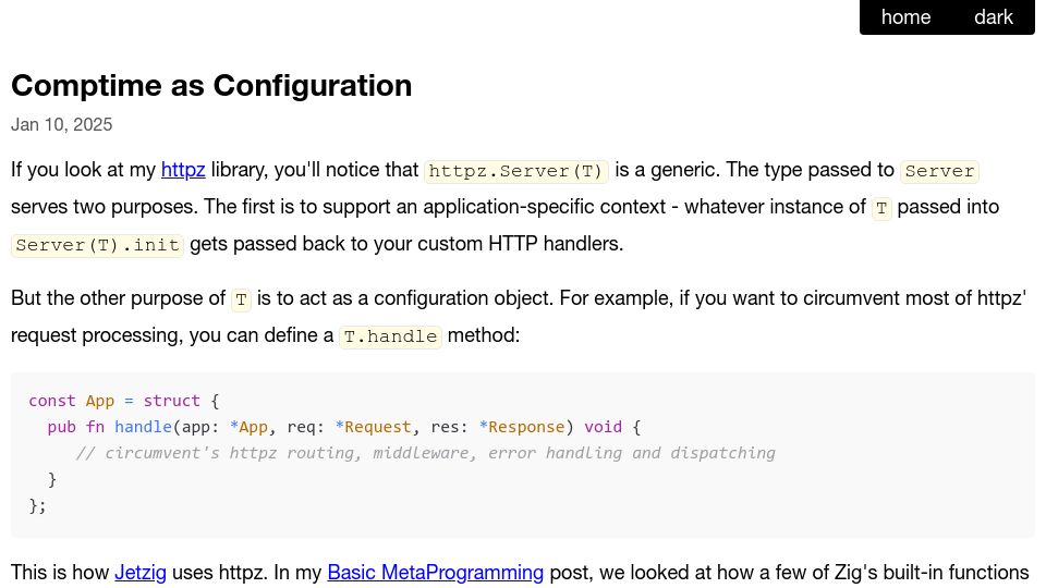 Screenshot of openmymind.net: Comptime as Configuration
