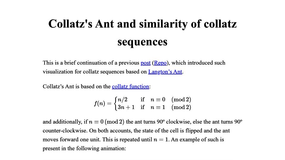 Screenshot of gbragafibra.github.io: Collatz's Ant and similarity of Collatz sequences