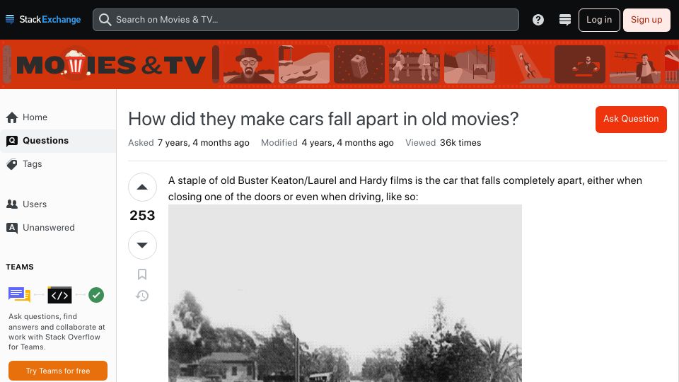 Screenshot of movies.stackexchange.com: How did they make cars fall apart in old movies (2017)