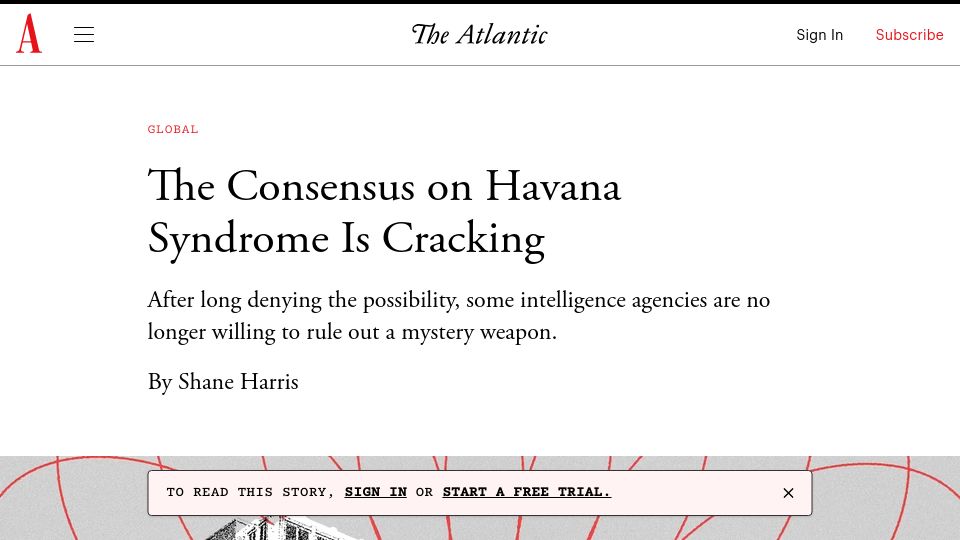 Screenshot of theatlantic.com: The consensus on Havana Syndrome is cracking
