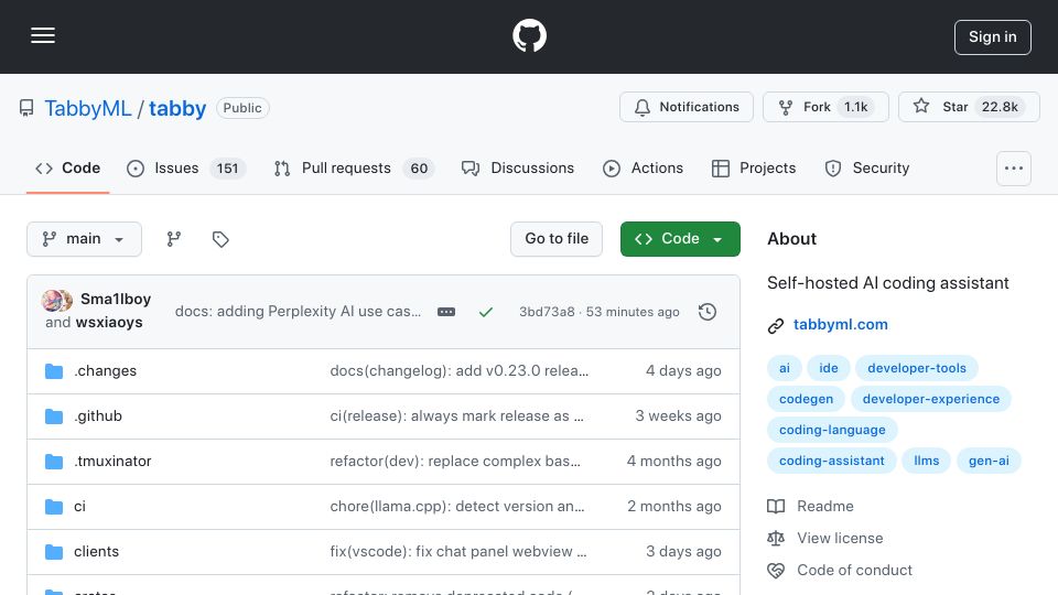 Screenshot of github.com: Tabby: Self-hosted AI coding assistant