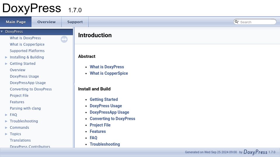 Screenshot of copperspice.com: DoxyPress – Modern Doxygen