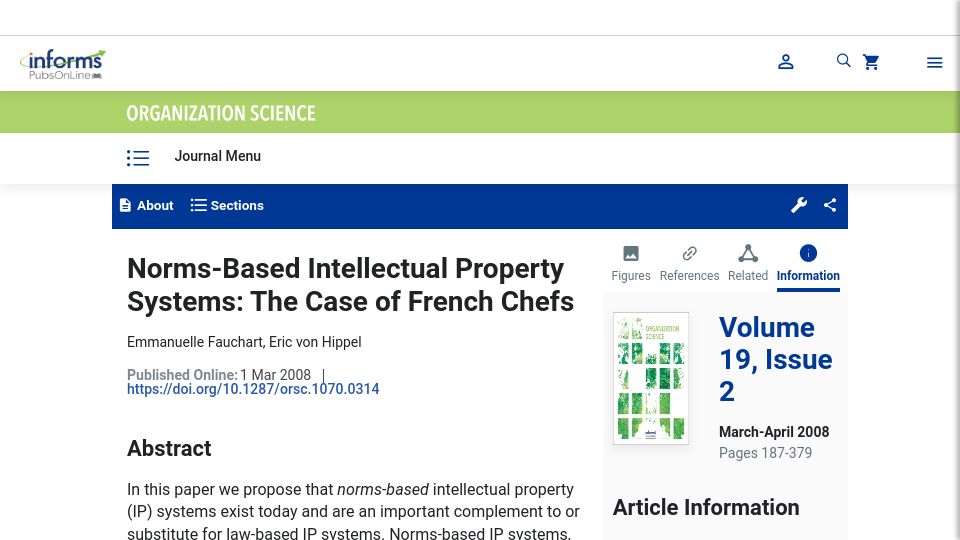 Screenshot of pubsonline.informs.org: Norms-Based Intellectual Property Systems: The Case of French Chefs(2008)