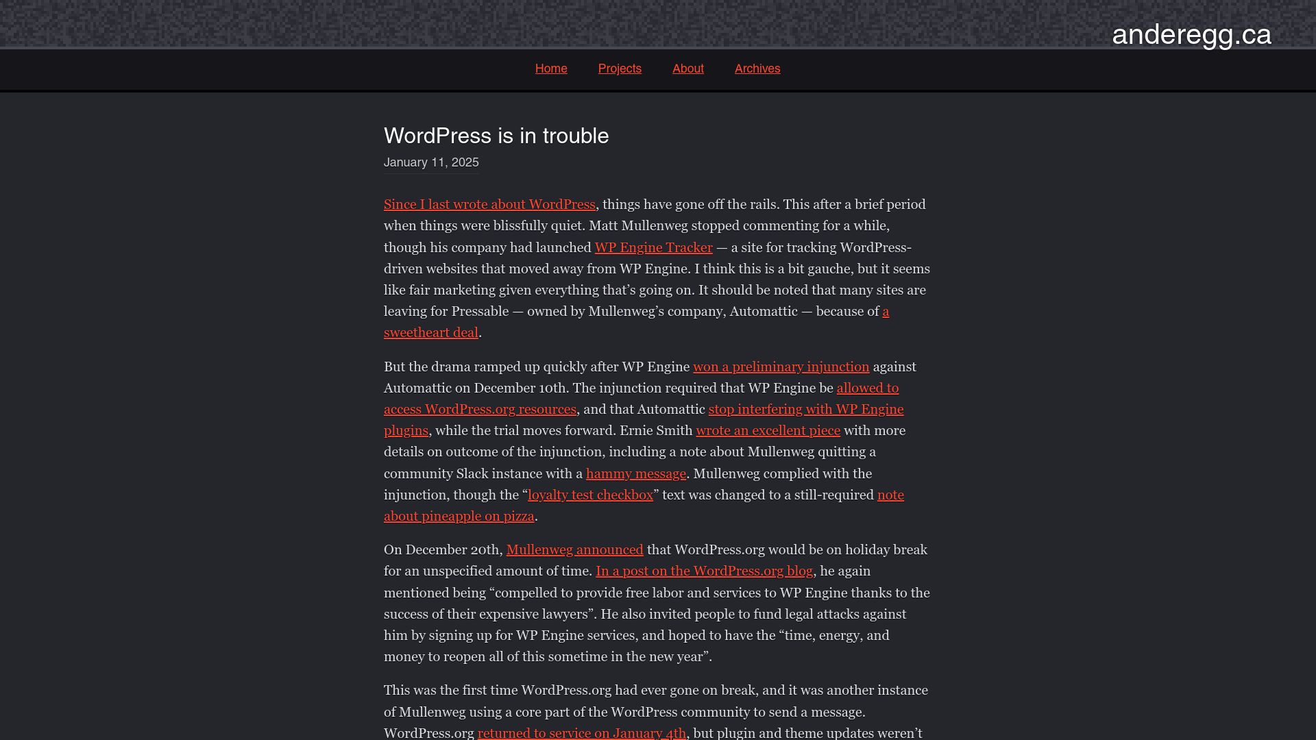 Screenshot of anderegg.ca: WordPress Is in Trouble