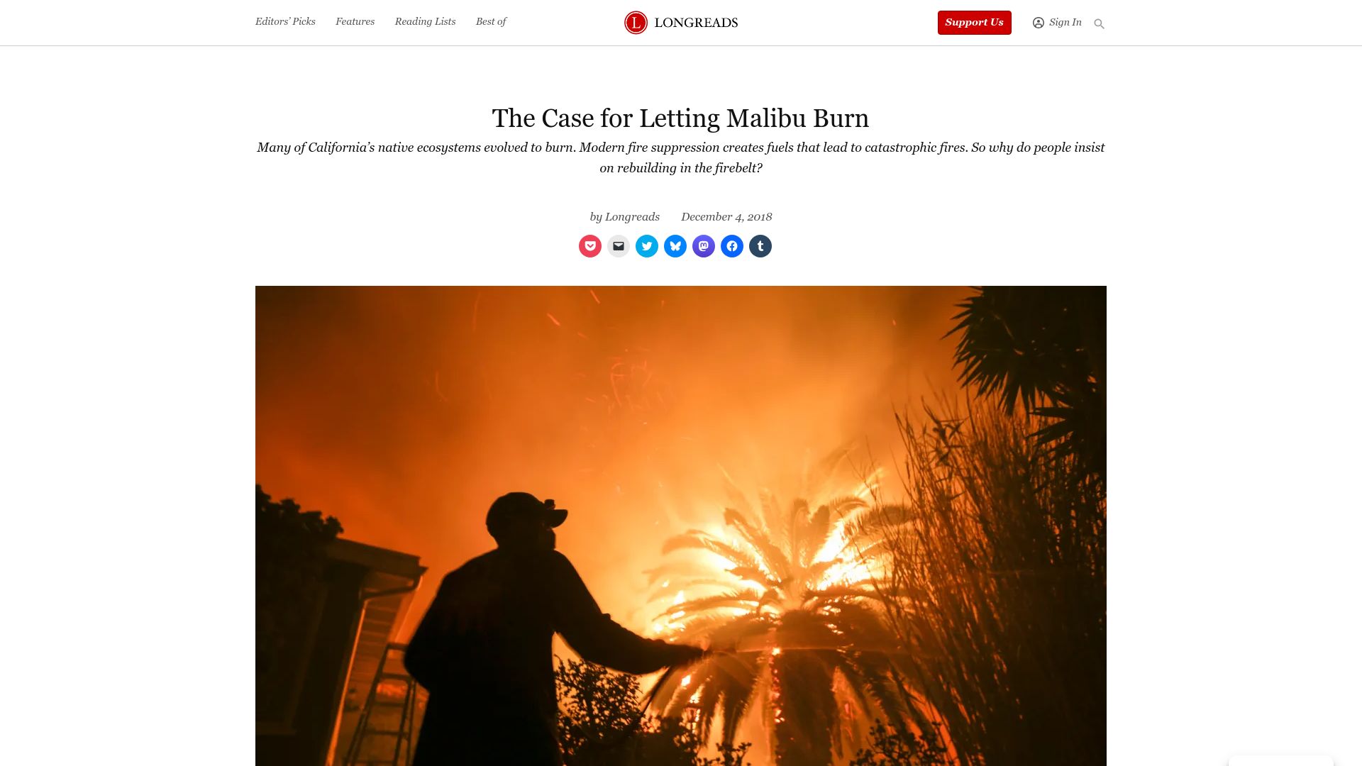 Screenshot of longreads.com: The case for letting Malibu burn (1995)