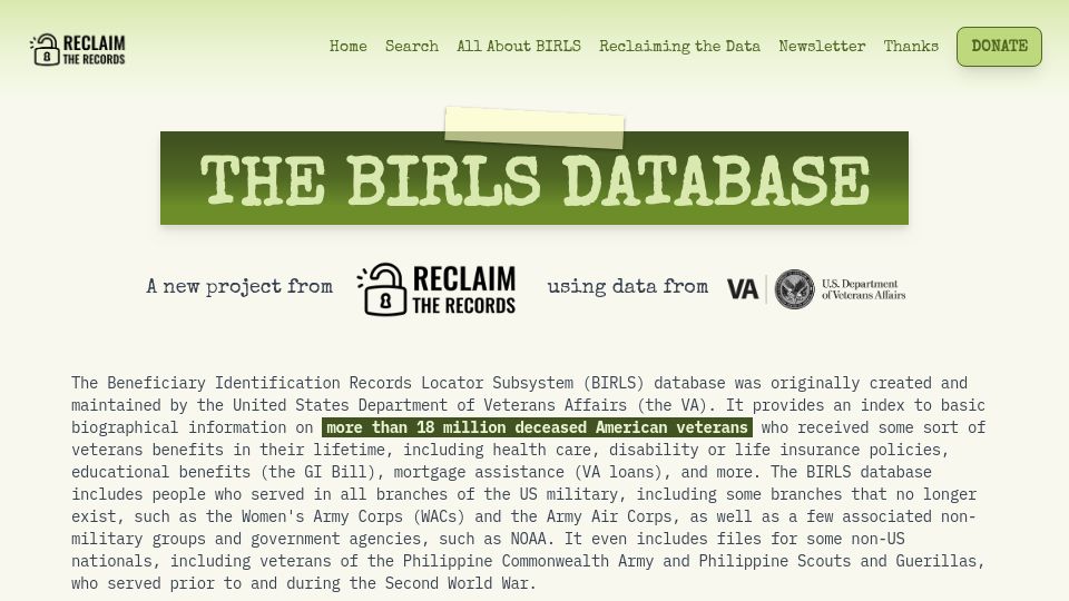 Screenshot of birls.org: Show HN: New search engine and free-FOIA-by-fax-via-web for US veteran records