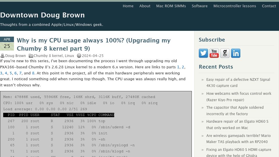 Screenshot of downtowndougbrown.com: Why is my CPU usage always 100%?