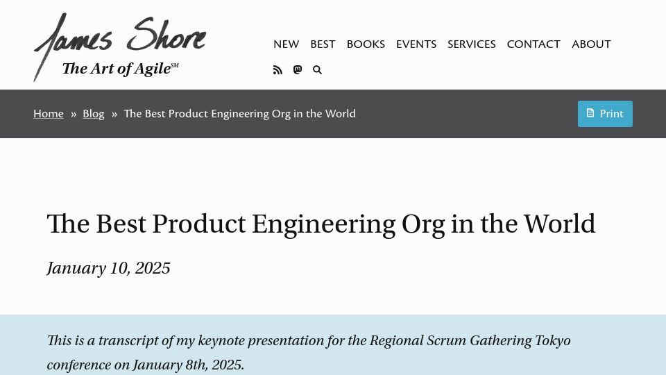 Screenshot of jamesshore.com: If we had the best product engineering organization, what would it look like?