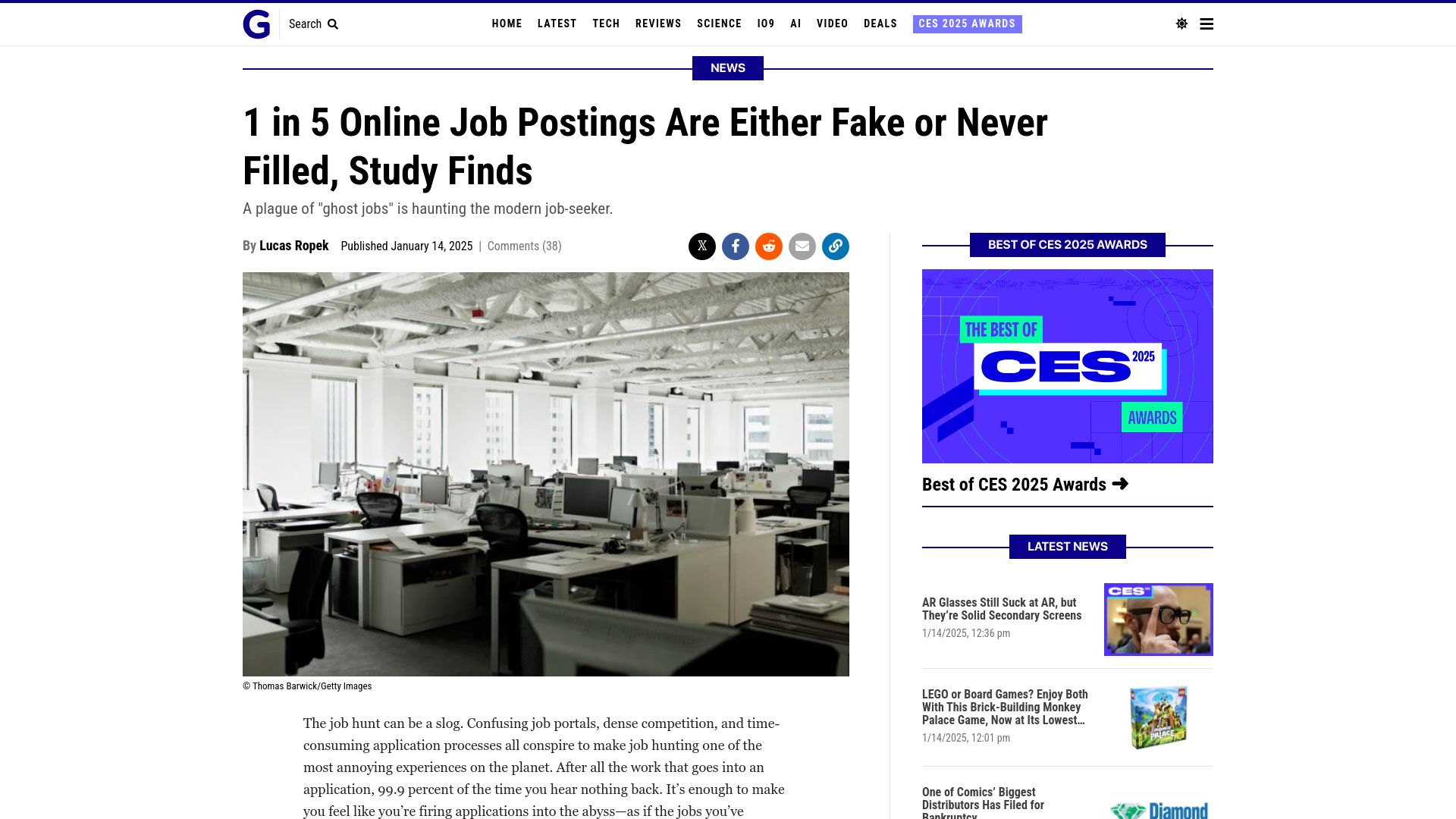 Screenshot of gizmodo.com: 1 in 5 online job postings are either fake or never filled, study finds