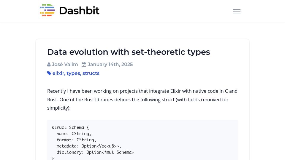 Screenshot of dashbit.co: Data evolution with set-theoretic types