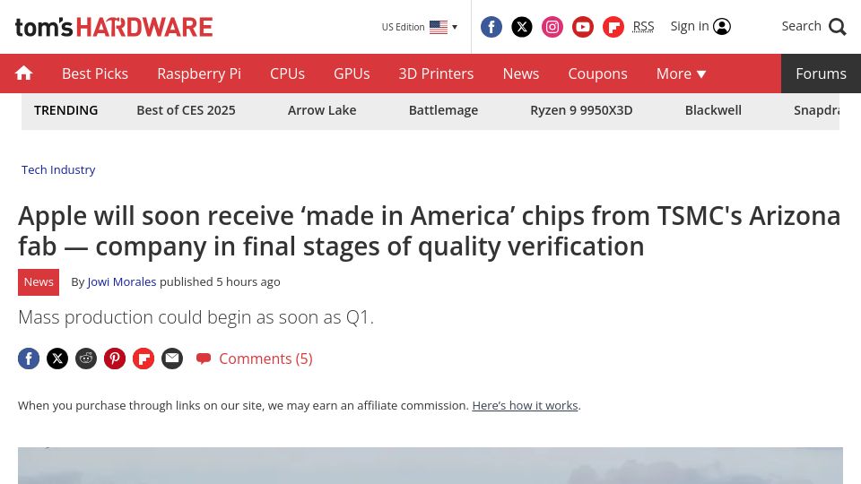 Screenshot of tomshardware.com: Apple will soon receive 'made in America' chips from TSMC's Arizona fab