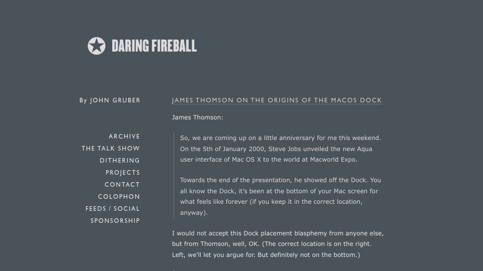 Screenshot of daringfireball.net: James Thomson on the Origins of the macOS Dock