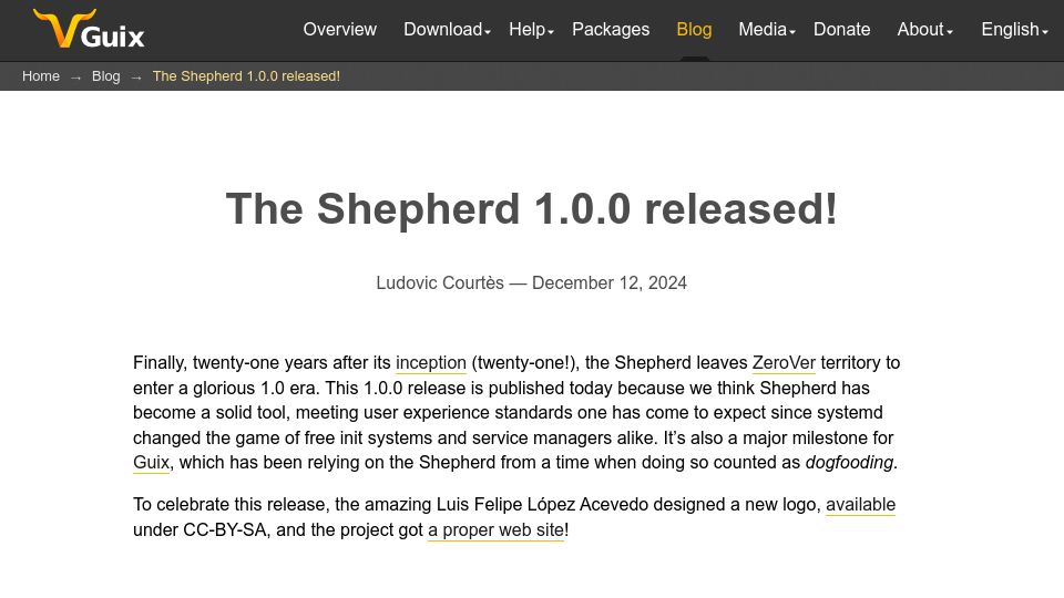 Screenshot of guix.gnu.org: The Shepherd 1.0.0 released