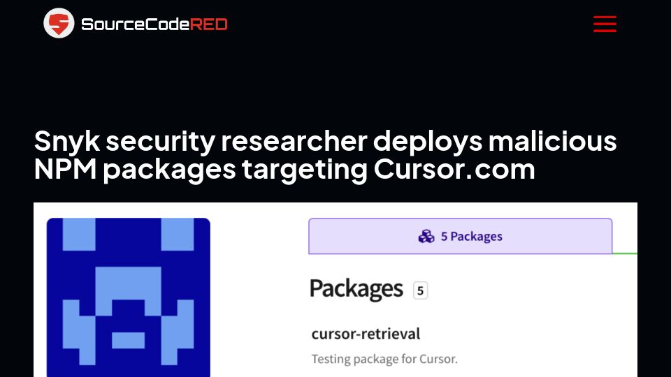 Screenshot of sourcecodered.com: Snyk security researcher deploys malicious NPM packages targeting cursor.com