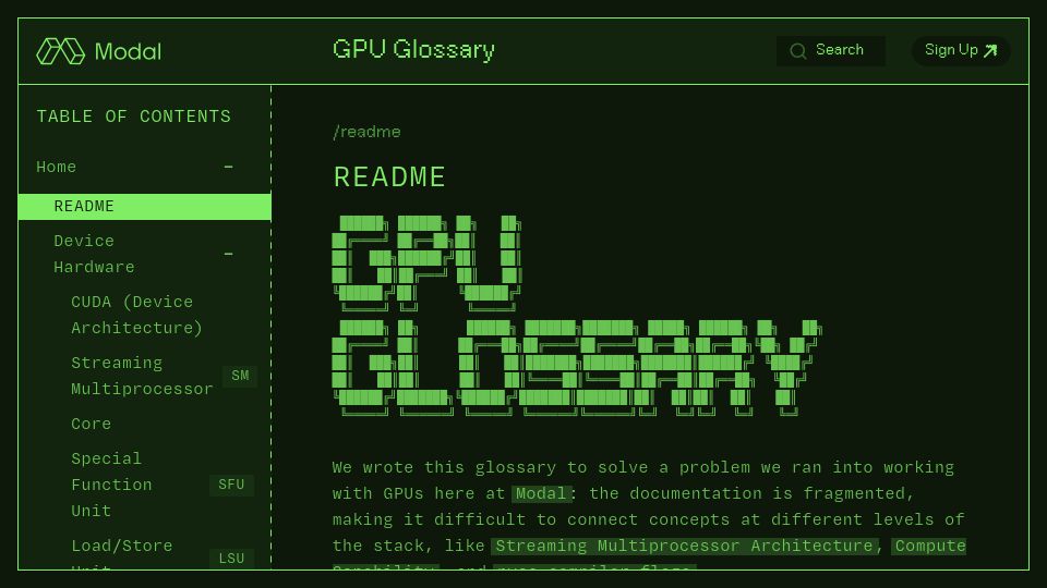 Screenshot of modal.com: The Missing Nvidia GPU Glossary