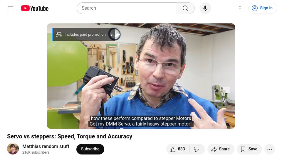 Screenshot of youtube.com: Servo vs. steppers: Speed, Torque and Accuracy [video]