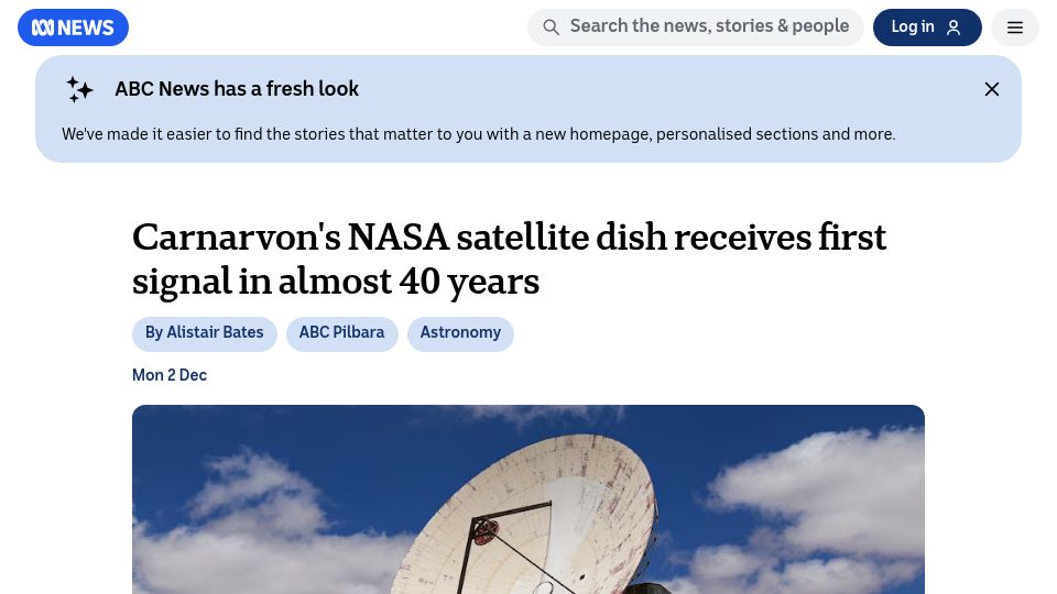 Screenshot of abc.net.au: Carnarvon's NASA satellite dish receives first signal in almost 40 years