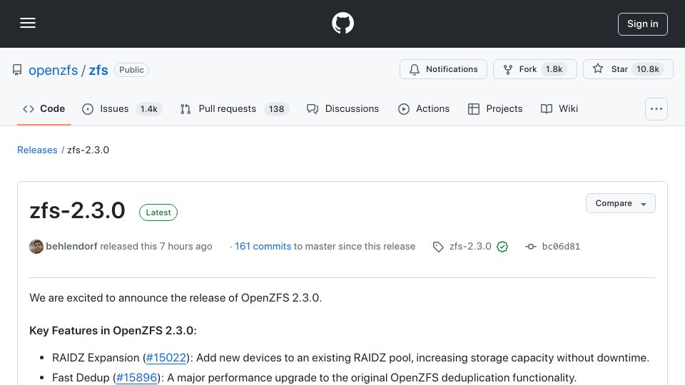 Screenshot of github.com: ZFS 2.3 released with ZFS raidz expansion