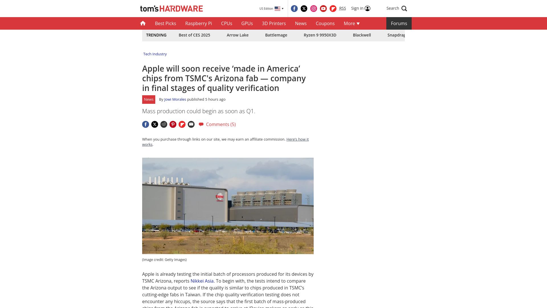 Screenshot of tomshardware.com: Apple will soon receive 'made in America' chips from TSMC's Arizona fab