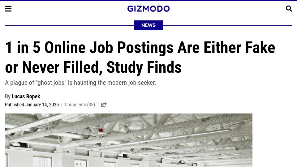 Screenshot of gizmodo.com: 1 in 5 online job postings are either fake or never filled, study finds