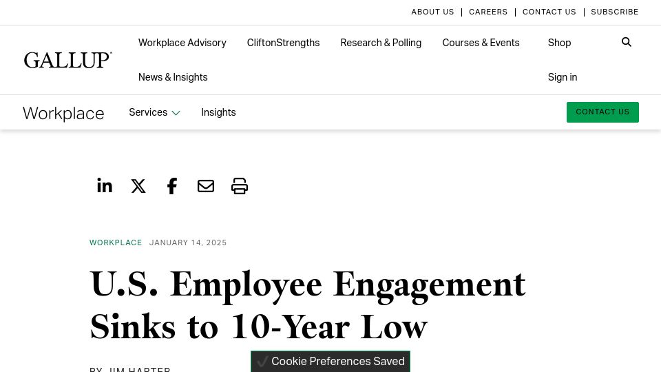 Screenshot of gallup.com: U.S. Employee Engagement Sinks to 10-Year Low