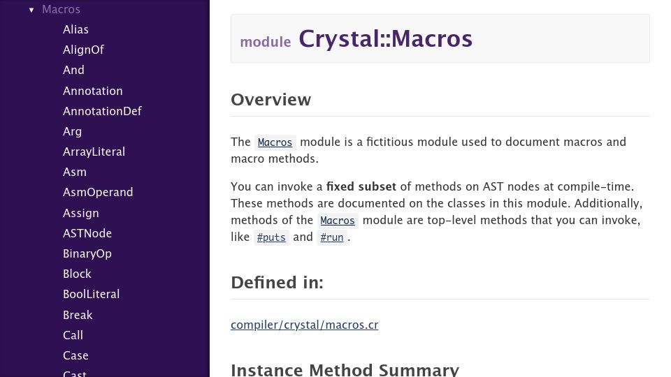 Screenshot of crystal-lang.org: The Macros module is a fictitious module used to document macros