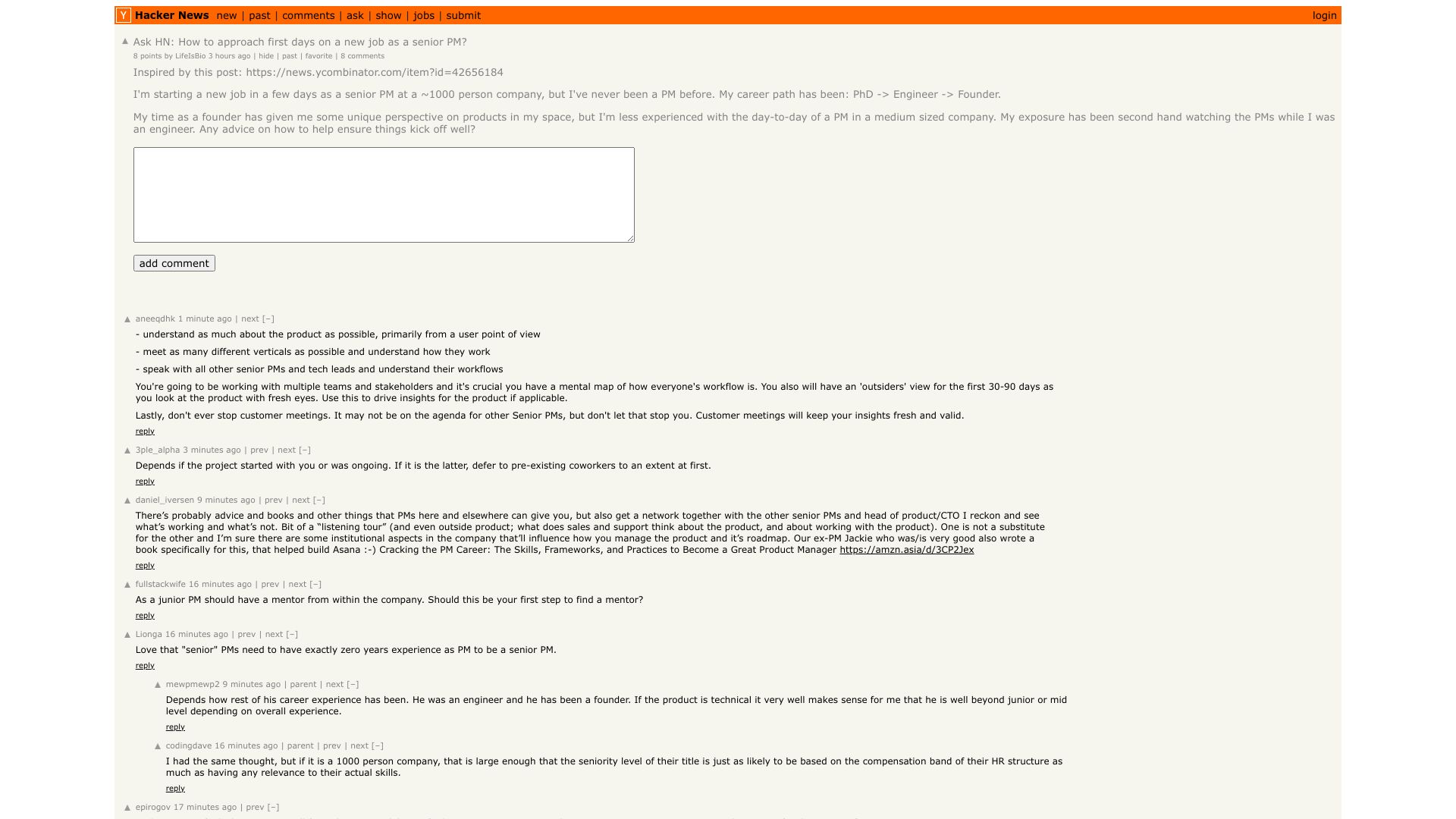 Screenshot of this Hacker News post: Ask HN: How to approach first days on a new job as a senior PM?