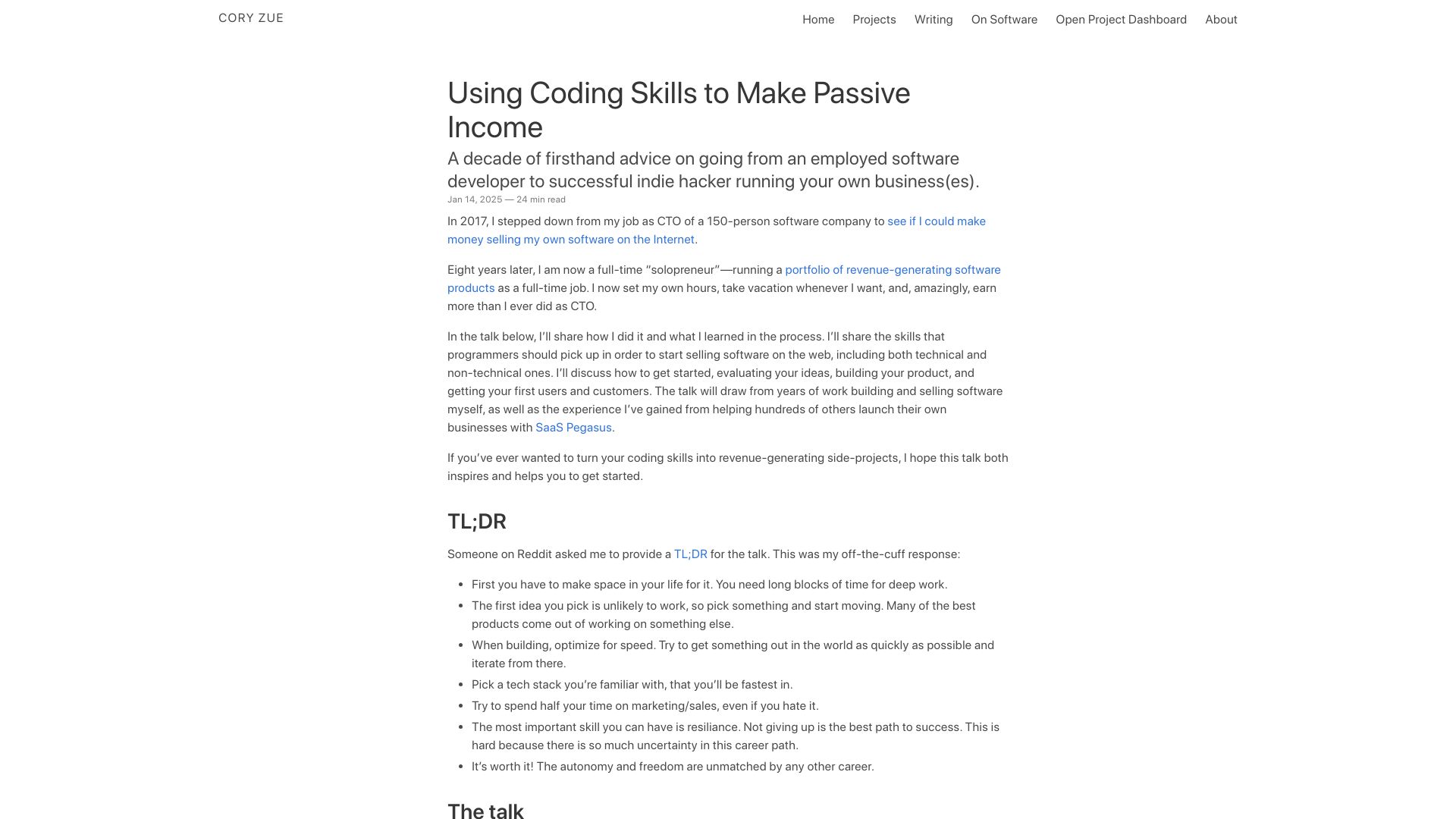 Screenshot of coryzue.com: Using coding skills to make passive income