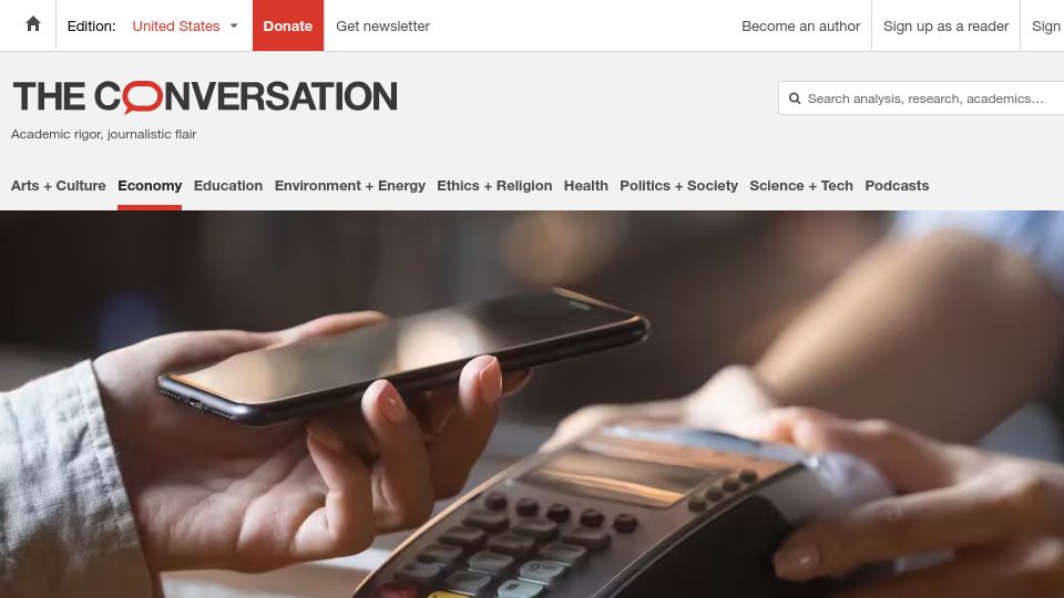 Screenshot of theconversation.com: Sweden is a nearly cashless society – how it affects people who are left out