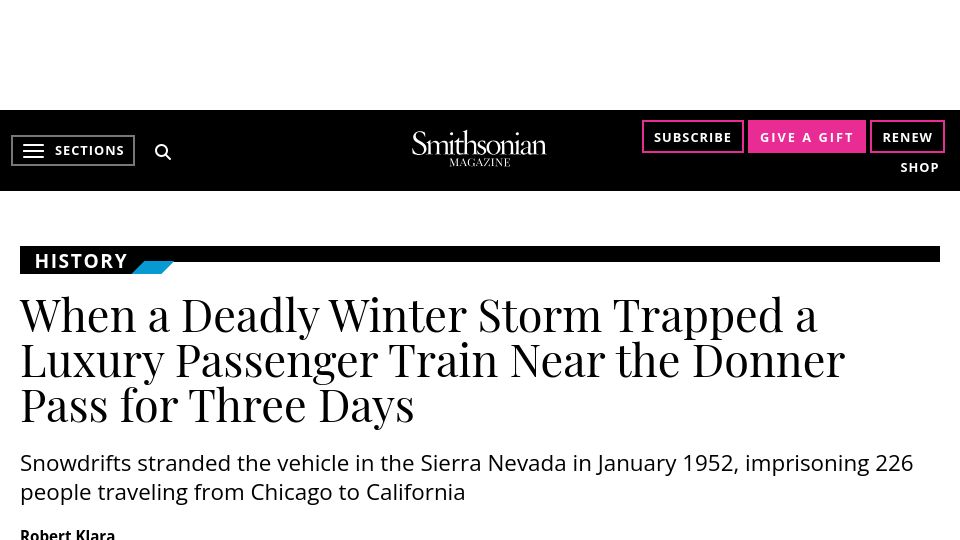Screenshot of smithsonianmag.com: When a winter storm trapped a luxury passenger train near Donner Pass