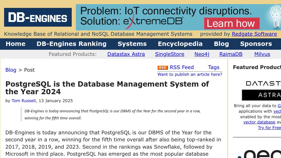 Screenshot of db-engines.com: PostgreSQL Is the Database Management System of the Year 2024