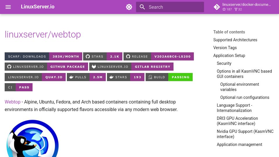 Screenshot of docs.linuxserver.io: Webtop – Alpine,Ubuntu,Fedora,and Arch containers containing full desktop envs