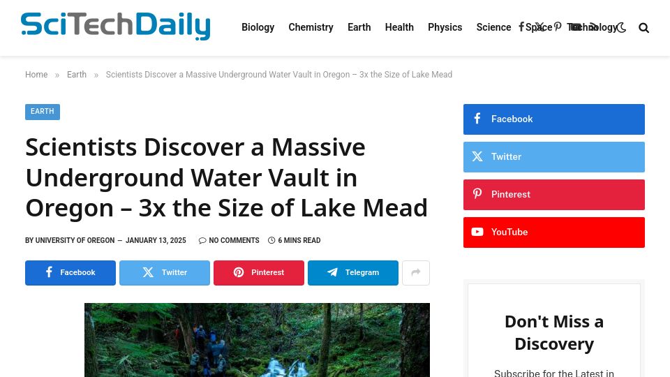 Screenshot of scitechdaily.com: Scientists Discover Underground Water Vault in Oregon 3x the Size of Lake Mead
